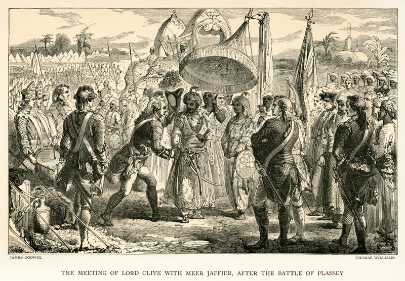 Møtet til Lord Clive med Meer Jaffier, etter slaget ved Plassey (gravering) av James Godwin