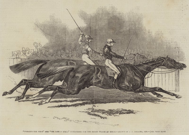 Pyrrhus the First og Sir Tatton Sykes kjemper om Derby Stakes på Epsom av James Herring