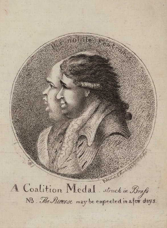 A Coalition Medal, Struck in Brass: satire over koalisjonen av britiske politikere Lord North og Charles James Fox, 1783 av James Sayers