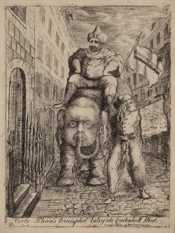 Carlo Khans Triumphal Entry into Leadenhall Street: satire over Whig-politikeren Charles James Fox og hans ambisjoner angående India av James Sayers