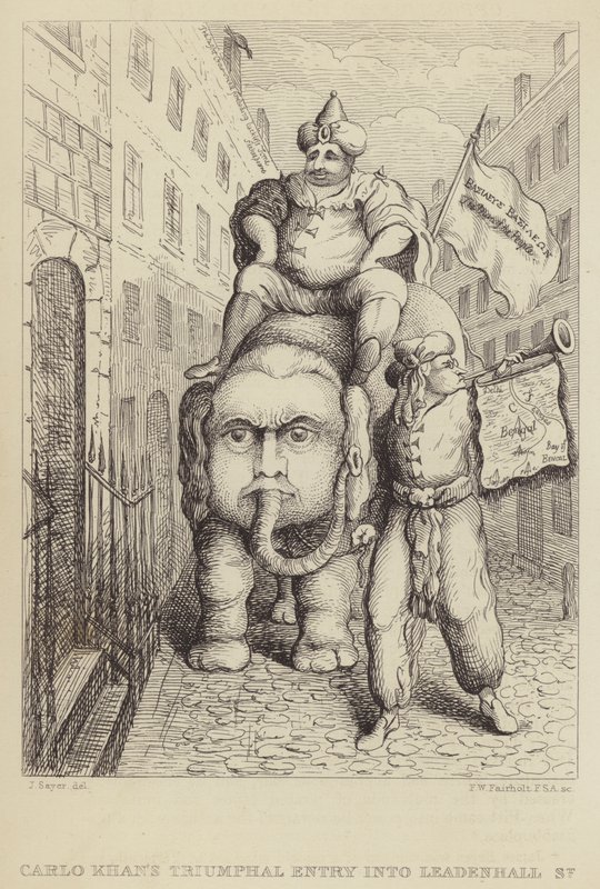 Carlo Khans Triumphal Entry into Leadenhall Street: satire over Whig-politikeren Charles James Fox og hans ambisjoner angående India av James Sayers