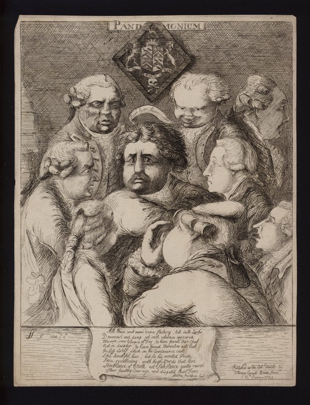 Pandemonium: satire over den politiske ustabiliteten i Storbritannia etter fallet av Fox-North-koalisjonen og dens erstatning med regjeringen til William Pitt den yngre, 1784 av James Sayers