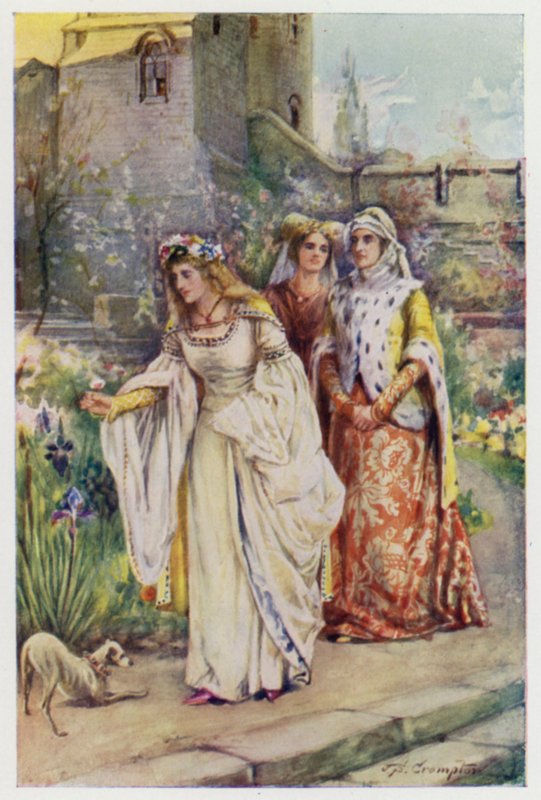 For der i hagen gikk den vakreste damen han noen gang hadde sett, scene fra The Kingis Quair av James Shaw Crompton