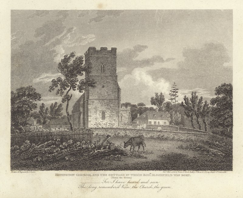 Robert Bloomfield, poet: Honington Church, and the Cottage der Robert Bloomfield ble født (gravering) av James Storer