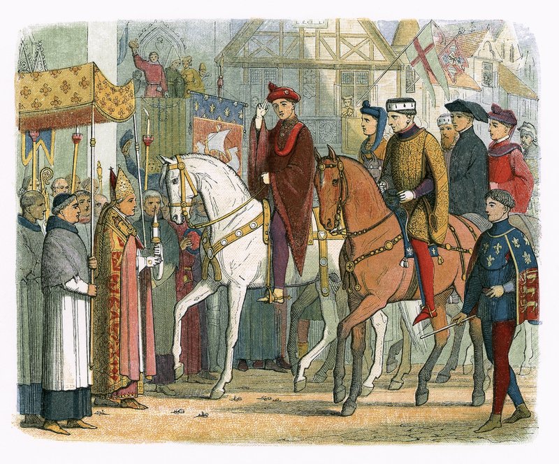 Kong Charles VI av Frankrike og Henry V ønsket velkommen av presteskapet av James William Edmund Doyle