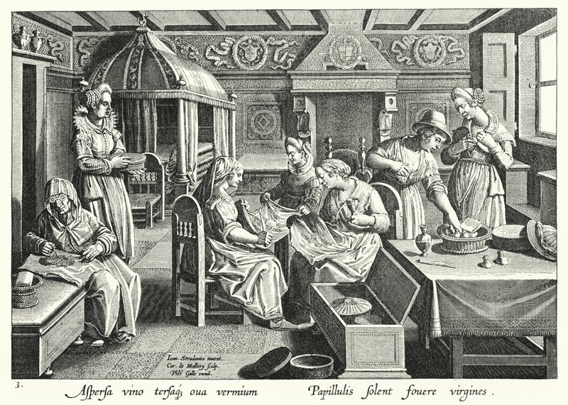 Håndtering av egg fra silkeorm (gravering) av Jan van der Straet
