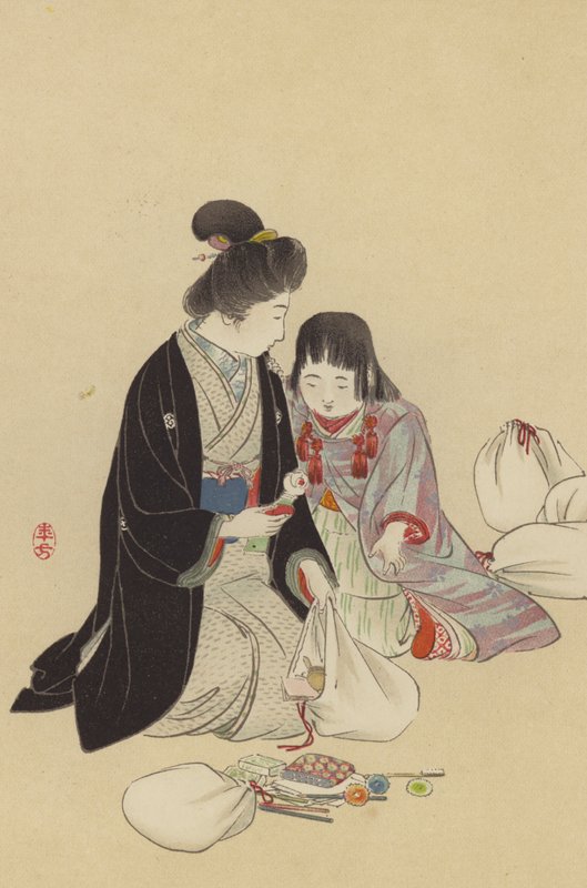 En mor og jenta hennes arrangerer gaver som skal sendes til fronten (chromolitho) av Japanese School