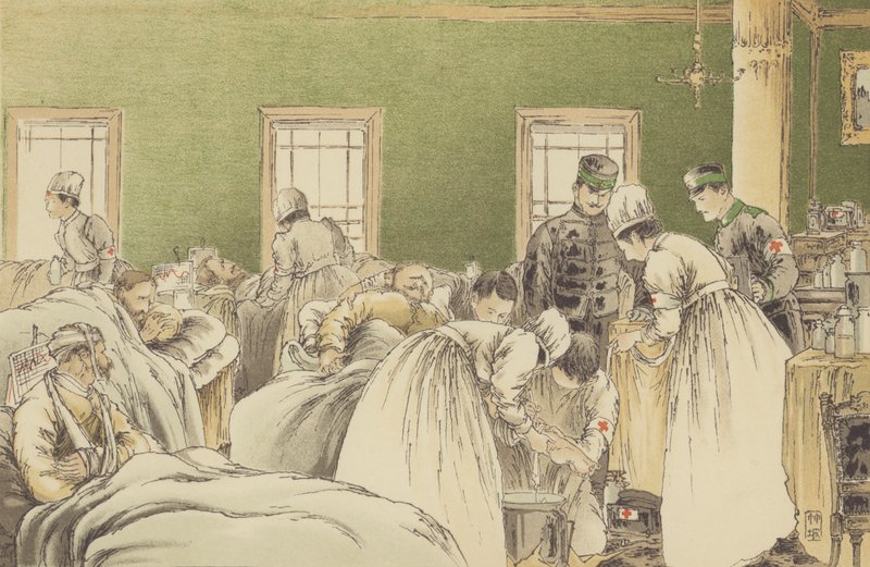Behandle de russiske sårede på det midlertidige sykehuset til det japanske Røde Kors-foreningen ved Chemulpo (chromolitho) av Japanese School