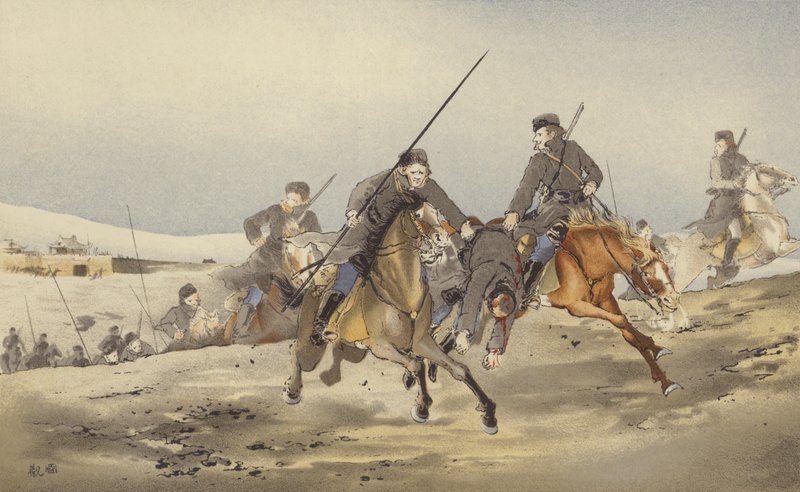 Kosakker løper vekk med en såret (chromolitho) av Japanese School