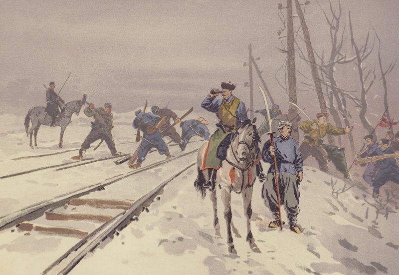 Ødeleggelse av Manchurian Railroad av et band av Hunhutse Robbers (chromolitho) av Japanese School