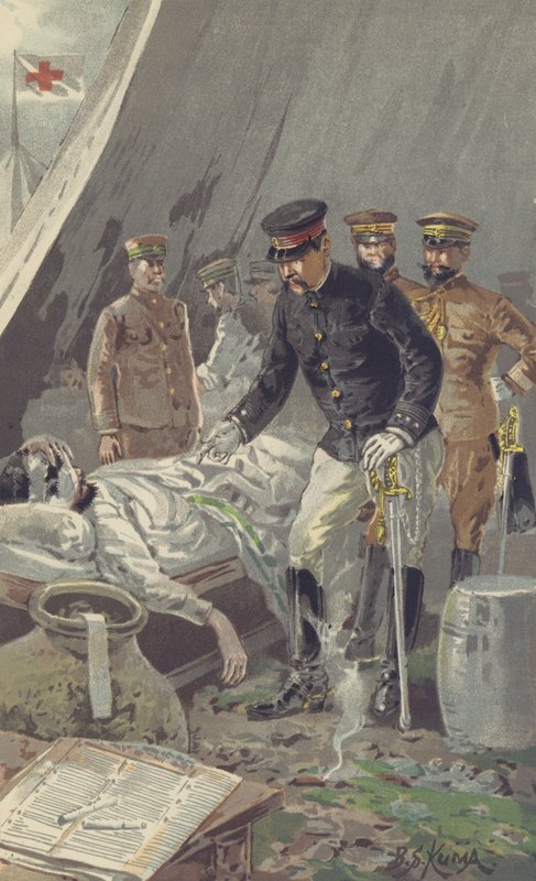 General Prince Fushimi trøster en såret soldat etter det heftige slaget ved Nanshan (chromolitho) av Japanese School