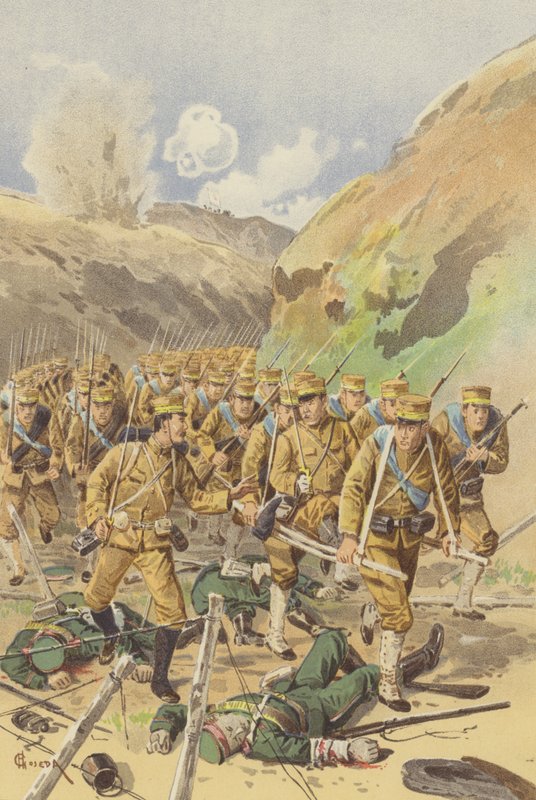 Løytnant Takagi ber brigadesjefen sin om tillatelse til å avansere (chromolitho) av Japanese School