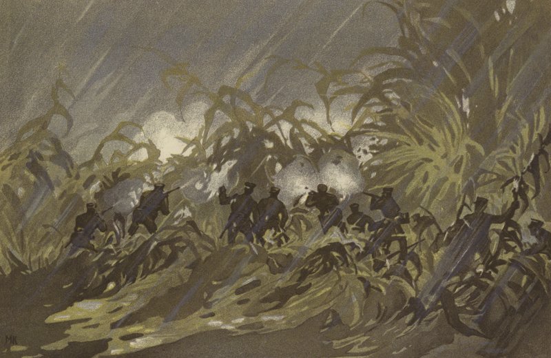 Våre infanterisoldater i trefning i et hirsefelt nær Liao-yang (chromolitho) av Japanese School