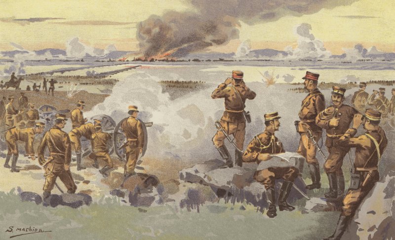 Bombardementet av Liao-yang av vårt artilleri (chromolitho) av Japanese School