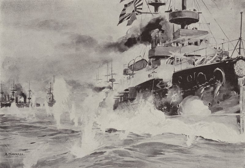 Mikasa kjemper tappert mot den russiske skvadronen utenfor Port Arthur 10. august (litho) av Japanese School