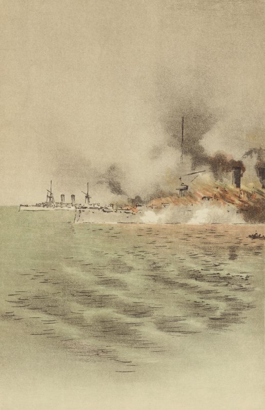 Varyag satt i brann av hennes eget mannskap for å forhindre fangst ved Chemulpo (chromolitho) av Japanese School