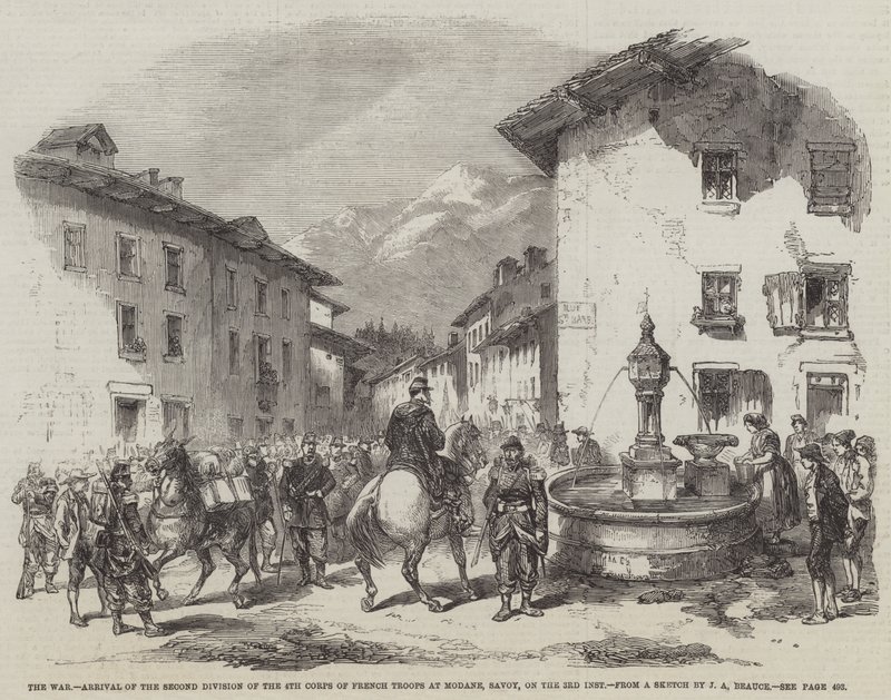 Krigen, ankomst av andre divisjon av 4. korps av franske tropper i Modane, Savoy, på 3. inst. av Jean Adolphe Beauce