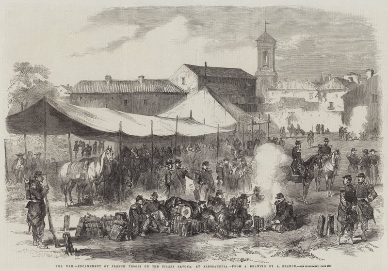 Krigen, leir av franske tropper på Piazza Savona, ved Alessandria av Jean Adolphe Beauce