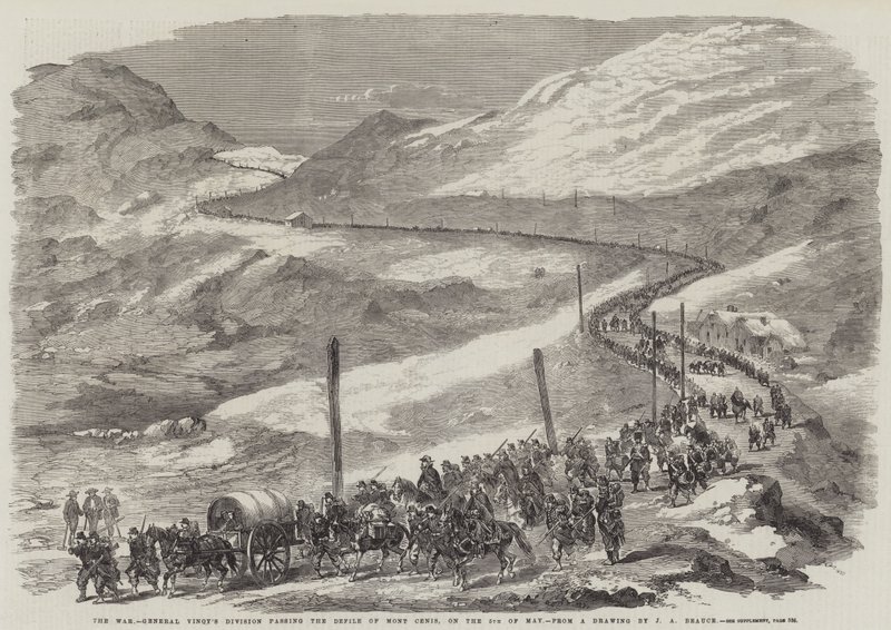 Krigen, general Vinoys divisjon passerte Mont Cenis urene, 5. mai av Jean Adolphe Beauce