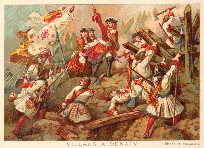 Marshal Villars i slaget ved Denain, Frankrike, 1712 (chromolitho) av Jean Alaux