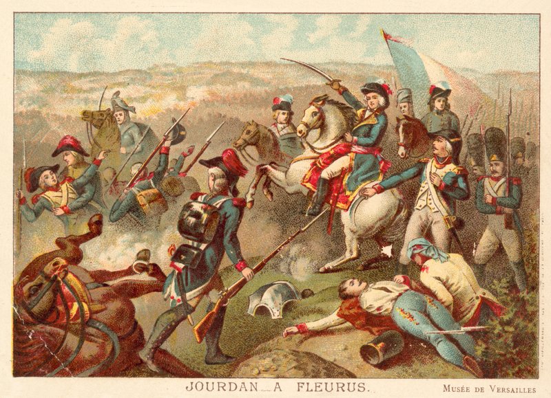 General Jourdan i slaget ved Fleurus, 1794 (chromolitho) av Jean Baptiste Mauzaisse