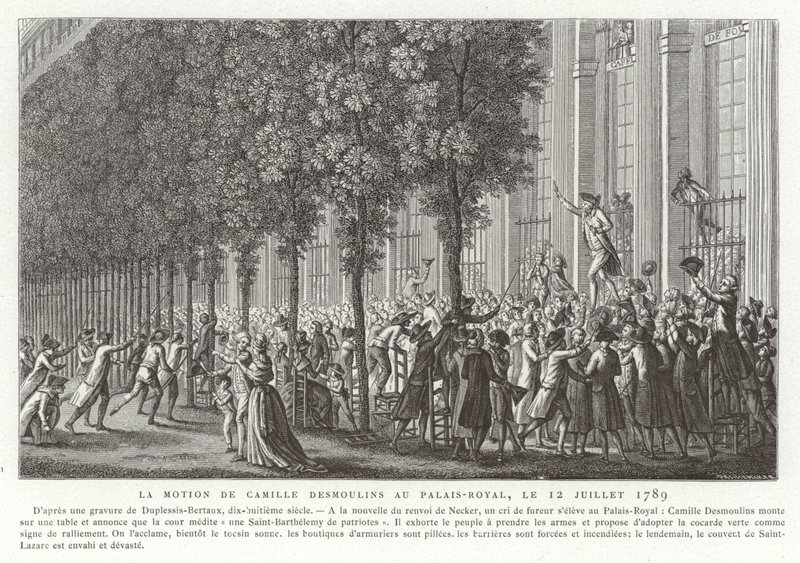 Camille Desmoulins sender ut sin oppfordring til våpen utenfor Palais Royal, Paris, den franske revolusjonen, 12. juli 1789 av Jean Duplessis Bertaux