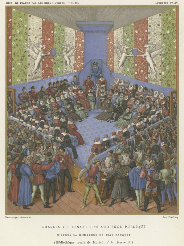 Charles VII holder et offentlig publikum (chromolitho) av Jean Fouquet