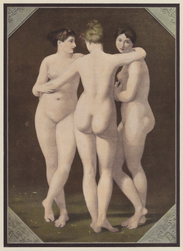 The Three Graces (farge litho) av Jean Baptiste (after) Regnault