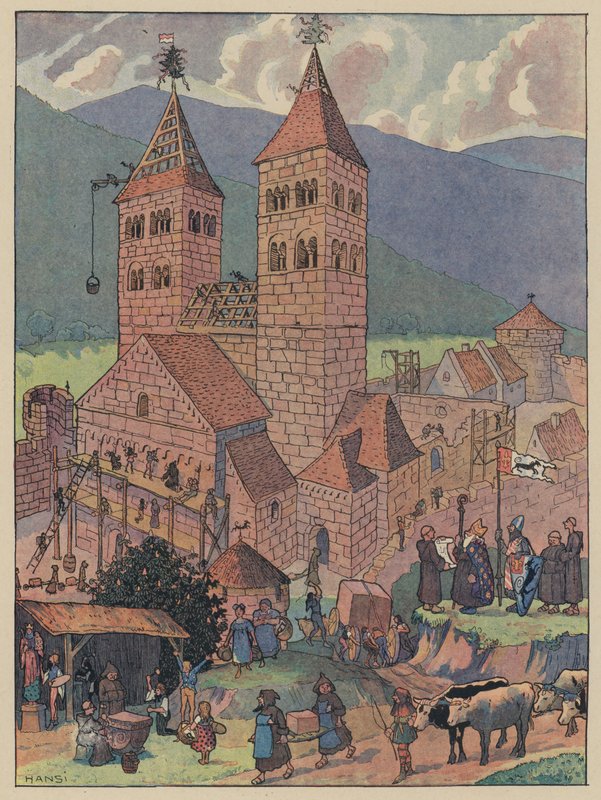 Bygging av Murbach Abbey, nær Guebwiller, Alsace (farge litho) av Jean Jacques Waltz