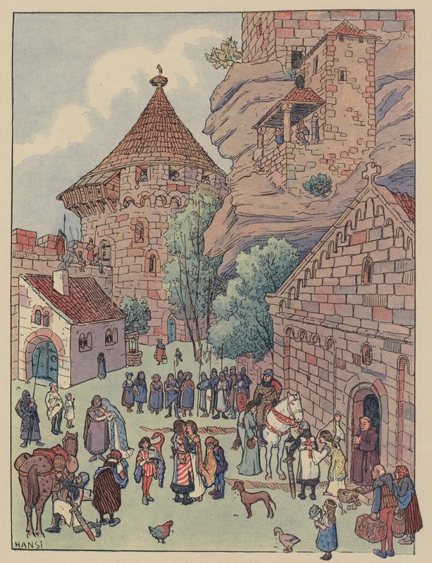 Avgang fra Chevalier du Hohbarr for korstogene (farge litho) av Jean Jacques Waltz