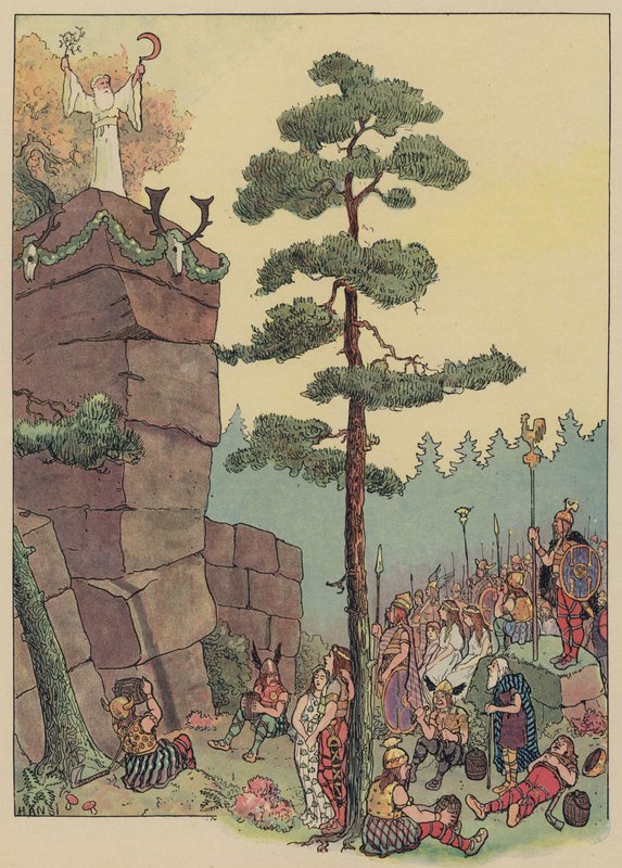 Druider som feirer en festival på Maennelstein, Alsace (farge litho) av Jean Jacques Waltz