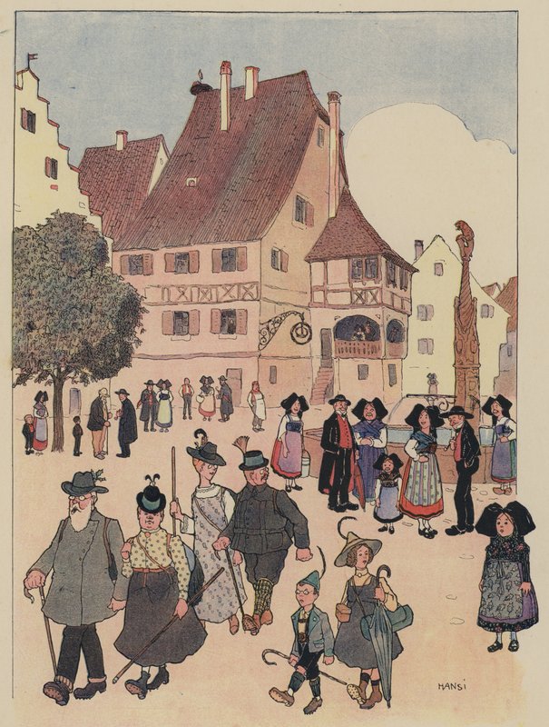 Tyske turister i en landsby i Alsace (farge litho) av Jean Jacques Waltz