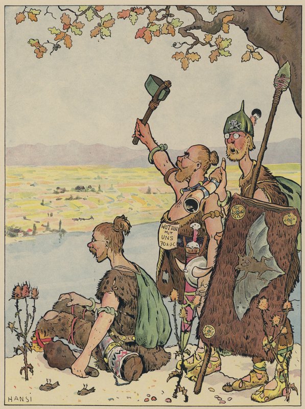 Tyskerne ser mot Alsace fra den fjerne bredden av Rhinen (farge litho) av Jean Jacques Waltz