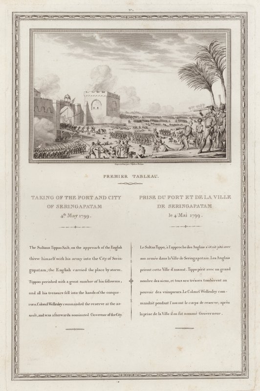 Fangst av fortet og byen Seringapatnam av den britiske, fjerde Anglo-Mysore-krigen, India av Jean (after) Duplessi Bertaux