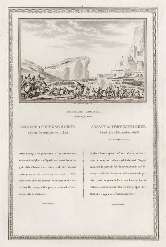 Fange av fortet Gawilghur av britene under kommando av Arthur Wellesley, andre Anglo-Marashtra-krigen, India av Jean (after) Duplessi Bertaux