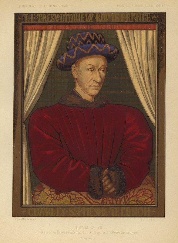 Charles VII, konge av Frankrike (chromolitho) av Jean (after) Fouquet