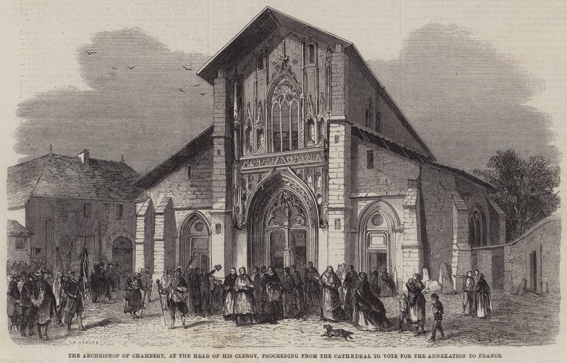 Erkebiskopen av Chambery, i spissen for hans presteskap, fortsetter fra katedralen for å stemme for annekteringen til Frankrike av Jean Adolphe Beauce