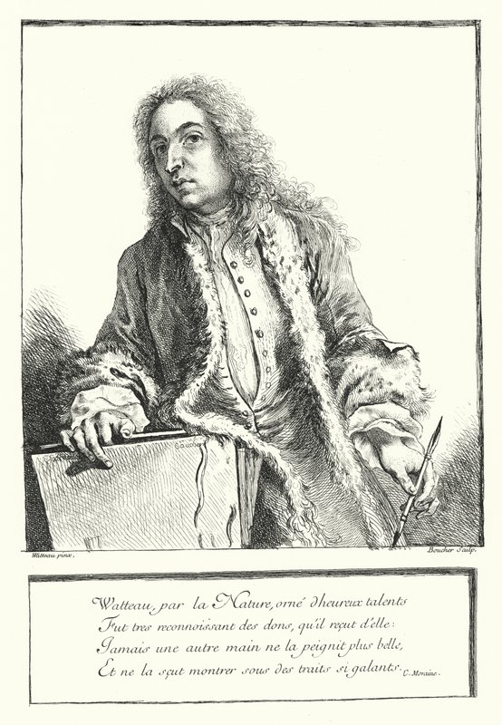 Selvportrett av den franske kunstneren Antoine Watteau (gravering) av Jean Antoine (after) Watteau