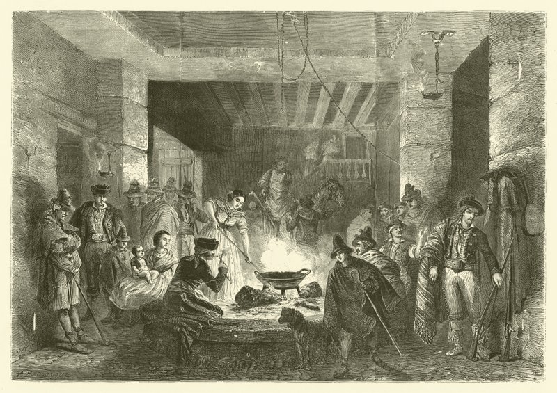 Posada, et vertshus i Sierra Nevada, Spania (gravering) av Jean Antoine Valentin Foulquier