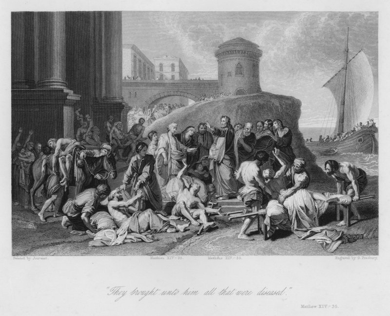Kristus helbreder de syke, Matteus XIV, 35 (gravering) av Jean Baptiste (after) Jouvenet