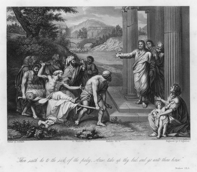The Palsied Man cured, Matthew IX, 6 (gravering) av Jean Baptiste (after) Jouvenet