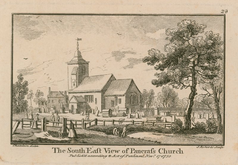 Den sørøstlige utsikten over St Pancras Church, London av Jean Baptiste Claude Chatelain