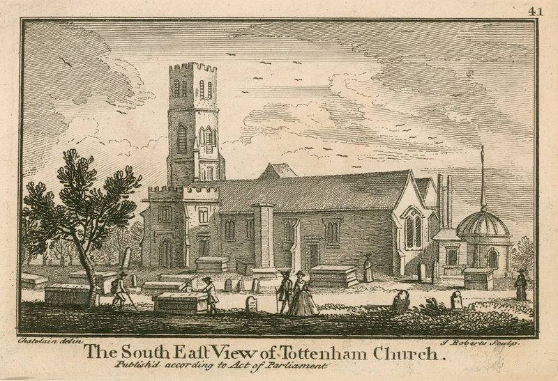 Den sørøstlige utsikten over Tottenham Church, London av Jean Baptiste Claude Chatelain