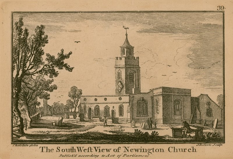 Den sørvestlige utsikten over Newington Church av Jean Baptiste Claude Chatelain