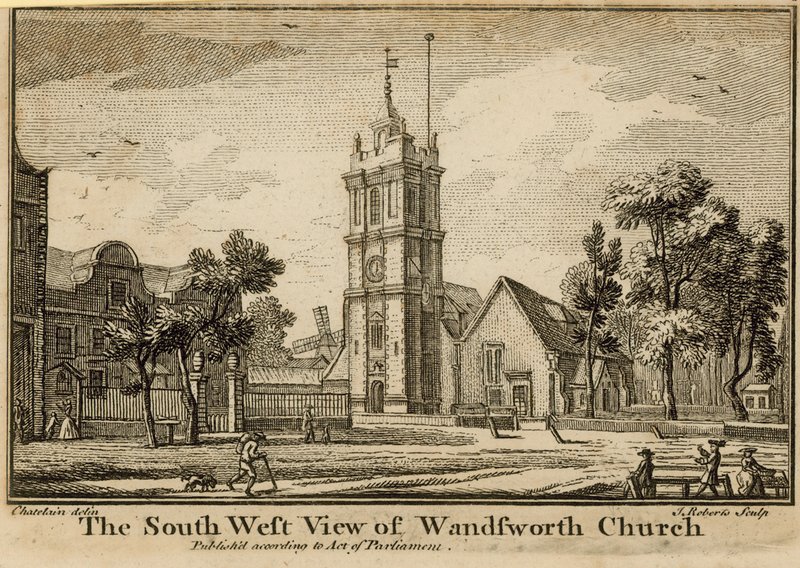Den sørvestlige utsikten over Wandsworth Church av Jean Baptiste Claude Chatelain