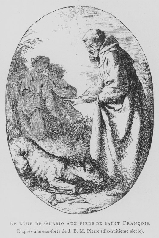 Ulven fra Gubbio ved føttene til den hellige Frans av Assisi (litho) av Jean Baptiste Marie (after) Pierre
