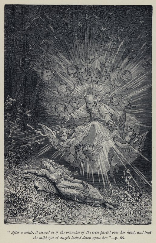 "Etter en stund virket det som om grenene på trærne skiltes over hodet hennes, og at de milde englenes øyne så ned på henne" (gravering) av Jean Edouard Dargent