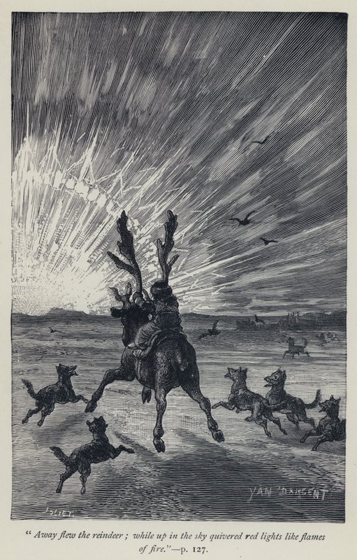 "Bort fløy reinsdyrene, mens oppe på himmelen dirret røde lys som ildflammer" (gravering) av Jean Edouard Dargent