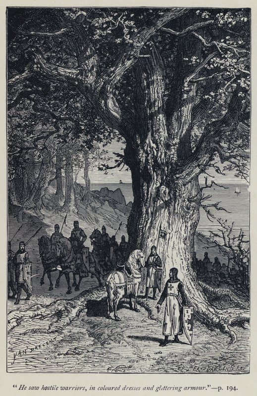 "Han så fiendtlige krigere, i fargede kjoler og glitrende rustning" (gravering) av Jean Edouard Dargent