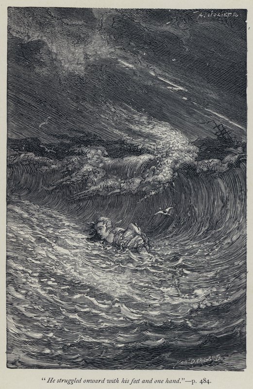 "Han slet seg videre med føttene og den ene hånden" (gravering) av Jean Edouard Dargent